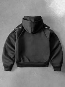 PAVTROS Sweatshirt Hoodie Resleting Dua Lapis Bergaris Warna Blok Gaya Streetwear Pria Muda - Dark Grey - View 2