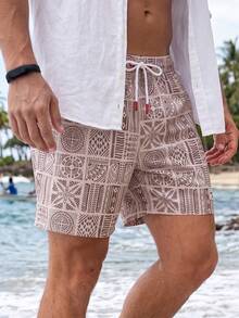 CoralVoy Men's Vacation Geometric Print Drawstring Waist Casual Beach Shorts - Beige - View 3