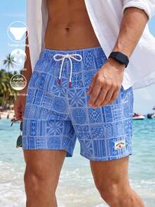 CoralVoy Men's Vacation Geometric Print Drawstring Waist Casual Beach Shorts - Blue - View 3