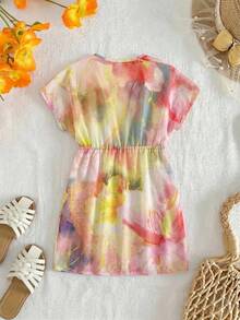 SHEIN 少女度假紮染印花腰繫帶和服式罩衫 - 彩色 - 查看 3