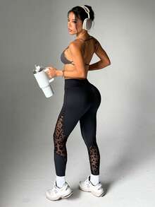 Easithlete Quần legging thể thao ôm sát cạp cao họa tiết da báo tương phản - màu đen - Xem 5