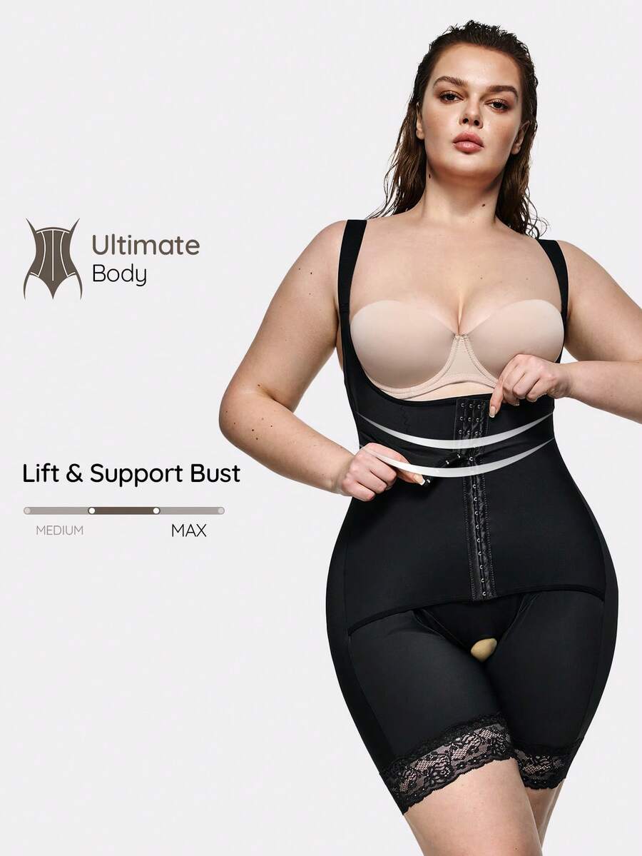 SHAPORA Combinaison pour femmes grandes tailles de couleur unie, style minimaliste avec patchwork en dentelle - Noir - Voir 1