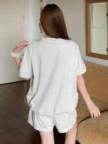 DAZY Summer Old Money Sporty Style Minimalist Casual Knit Women's Loungewear Set Pajamas - Grey - View 2