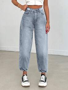 EURMUSE 100% Cotton High Waist Balloon Fit Jean 06-559 - Grey - View 4