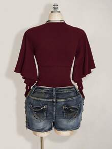 SHEIN ICON Women's Plus Size Cross V-Neck Ruffle Short Sleeve Casual T-Shirt - Red Violet - View 2