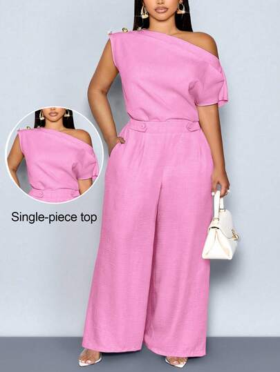 SOLERSUN Blusa ajustada de un solo hombro para mujer talla grande, elegante para fiesta de verano, color rosa cereza, cuello asimétrico, botones metálicos, color liso