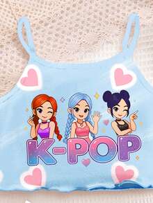 Young Girl Letter Cartoon Print Camisole Top And Shorts Casual Daily Home Pajama Set - Multicolor - View 4