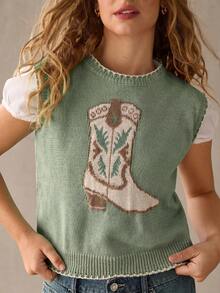 WESTFADE Cowboy Boot Contrast Stitch Sweater Vest Top, Country Style For Women - Green - View 3