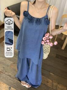 DAZY 女士3D立体花卉装饰吊带背心搭配宽松牛仔裙休闲度假套装 - 藍色 - 查看 1