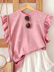 Resyla Shiny Rhinestone Embellished Fashionable Minimalist 100% Cotton Women's Ruffle Cuff Round Neck T-Shirt, Gift For Friends - Pink - View 4