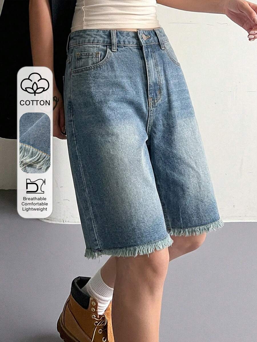 DAZY 女款毛邊下擺休閒寬鬆牛仔短褲附口袋 - 藍色 - 查看 1