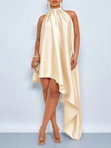 SOLERSUN Plus Size Women's Dress With Pleated Details And Asymmetric Diagonal Hem, Perfect For Dates, Festivals And Parties. - Apricot - View 6