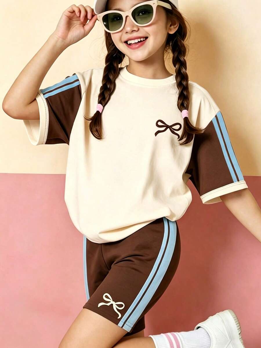 青少年女孩拼色蝴蝶結印花短袖T恤與短褲休閒日常套裝,適合春/夏日常穿著、街頭風、外出、度假、運動 - 白色 - 查看 1