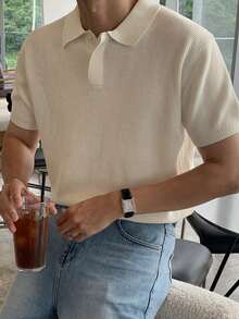 DAZY 男士夏季休闲半开襟纯色针织上衣商务装 - 米色 - 查看 4
