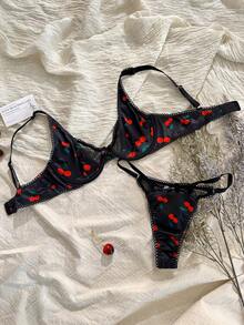 CottageSlumber 2件組刺繡拼接櫻桃印花內衣套裝 - 黑色 - 查看 1