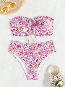 Swim Vcay 女款夏季海灘度假新款可愛平口式荷葉邊甜美小碎花精緻珍珠吊墜抽繩繫帶比基尼套裝 - 彩色 - 查看 3