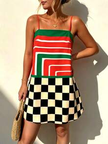 Vaclyn Women's Red And Black Checkerboard Pattern Casual 2016 European Camisole Dress Summer Beach Vacation - Multicolor - View 3