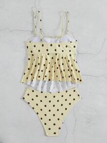 Swim Vcay 女款度假前交叉百褶波點印花細肩帶上衣與三角泳褲比基尼套裝，隨機印花 - 淡黃色 - 查看 7