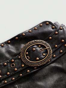 ROMWE Hippie Sexy Stylish Disco Siren Low Waist PU Rivet Decor Bodycon Mini Skirt Party Concert Brown And Gold Winter - Black - View 3