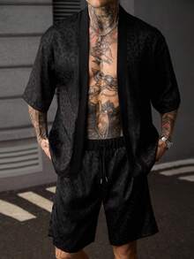 Genlund 男士日常成熟度假休閒外出必備風格豹紋紋理布料和服襯衫與短褲套裝，假期 - 黑色 - 查看 5