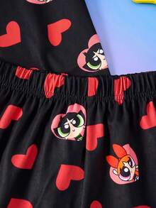 THE POWERPUFF GIRLS X SHEIN Conjunto de pijama infantil feminino com estampa floral e de corações, composto por camiseta e shorts. Ideal para primavera/verão. - Preto - Ver 4