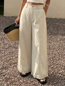 DAZY Solid Color Loose Pleated Ruffle Wide Leg Pants Casual Vacation Summer Women's Long Pants - Apricot - View 5