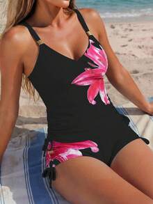 Swim Lushoire Women's Spring/Summer Two-Piece Printed Bikini Deep V-Neck Swimsuit - Black - View 1