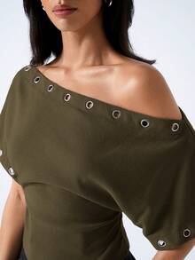 LYSMO Women's Summer Fashion Solid Color Asymmetric Neck Waist-Cinching T-Shirt - Army Green - View 5