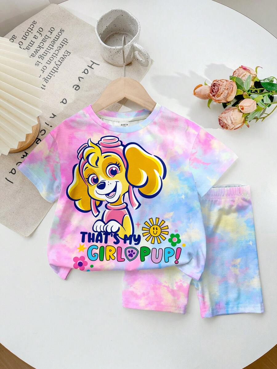 SHEIN | PAW Patrol 女童小女孩圓領字母卡通印花短袖T恤與短褲休閒日常套裝 - 彩色 - 查看 1