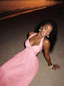 Slaydiva Vacation Beach Solid Color Backless Halter Neck Dress - Pink - View 4
