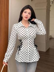 Modelyn 女款圓點領結設計休閒百搭日常出遊襯衫 - 黑與白 - 查看 2