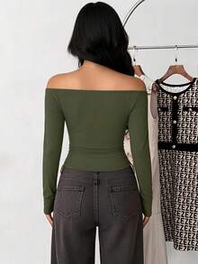 Kaos Dalaman Kasual Lengan Panjang Model Off-Shoulder Warna Hijau Army untuk Musim Gugur - Hijau Tentara - View 2