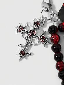 ROMWE Kawaii 1個Y2K辣妹風暗黑風黑紅手工串珠水晶珠愛心鏡面玫瑰十字貼鑽貼紙卡套DIY鑰匙圈包包吊飾 - 黑紅色-10 - 查看 13