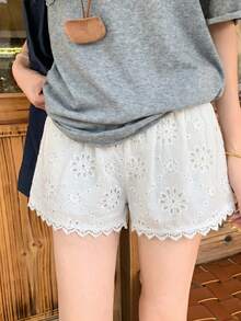 K-Vae Women's Spring/Summer Casual Vacation Embroidered Fabric Patchwork Lace Elastic Waist Shorts, Women's Summer Vacation Shorts, Women's Beach Shorts - White - View 1