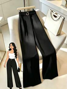 GlowEve CURVE Plus Size Women's Elegant Decorative Buckle Solid Color Flared Trousers Suitable For Daily Wear, Commuting Fall - Black - View 3