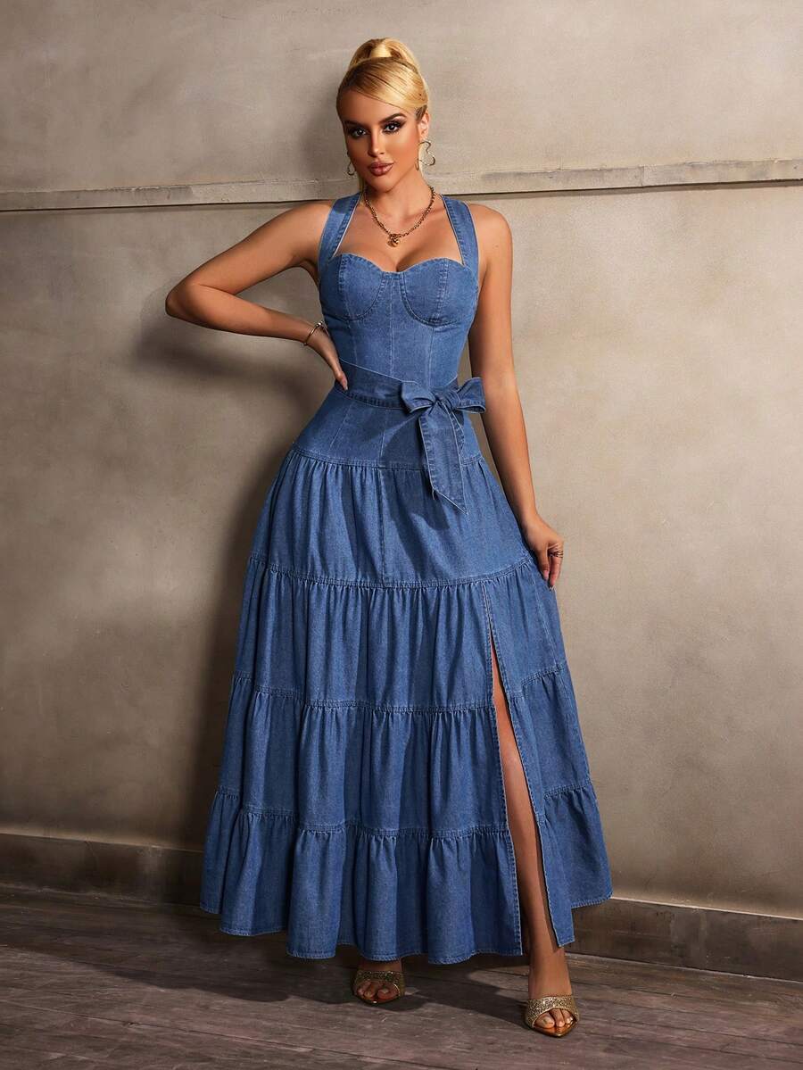 SHEIN PETITE Women's Petite Denim High Slit Flare Dress - Blue - View 1