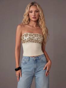TRNVIE Women's Sequin Embroidery Tight Bandeau Top, Summer Fashion - Apricot - View 4