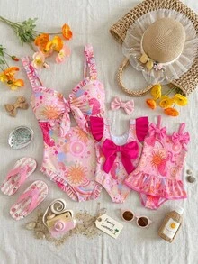 SHEIN Baby Girl Toddler Girl Rose Red Tropical Island Leopard Print Back Bow Ruffle One-Piece Swimsuit - Multicolor - View 1