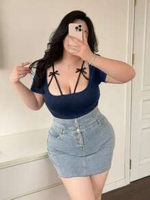 Vibekara Spring, Summer, Fall, New Sweet Vacation, Elegant, Going Out Tops, Bow, Knit Fabric Spliced With Mesh Fabric Lace Trim U-Neck Short Sleeve Top Women's T-Shirt Slimming Cross Tie Bow Decoration Lace Top - Navy Blue - View 5