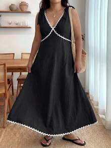 Enliva Plus-Size Women's Sleeveless Color Block Midi Dress Chic Summer Vacation Casual, For Apple And Rounded Body Shape - Black - View 4