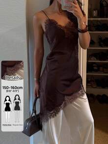 Sinnesro Spring/Summer Lace Satin Top, Casual Vacation Style, Vintage, Commuting Night Out, Sexy Home, Petite Women Shades Of Brown - Rust Brown - View 6