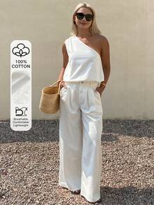 DAZY Women's Casual Solid Color Sleeveless Top And Jeans Pants Set, Spring/Summer - White - View 1