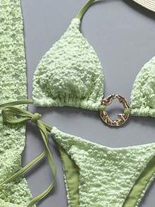 Bonvoyette 3pcs Spring/Summer Vacation Floral Textured Fabric Gold Asymmetrical Ring Decor Halter Triangle Bikini Top, Side Tie Bikini Bottoms & Sarong Sexy Women's Swimwear Set - Mint Green - View 5