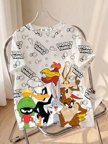 LOONEY TUNES X SHEIN Camiseta de manga corta con cuello redondo y gráfico de letra y dibujo animado para niño preadolescente - Blanco - Ver 1