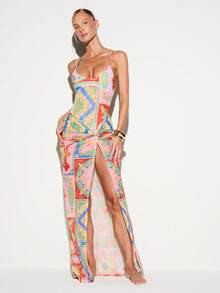 KIZN Baroque Tile Print Mesh Maxi Skirt Cover Up With Ruched Knot Front Detail And High Slit Beach Summer - Multicolor - View 3