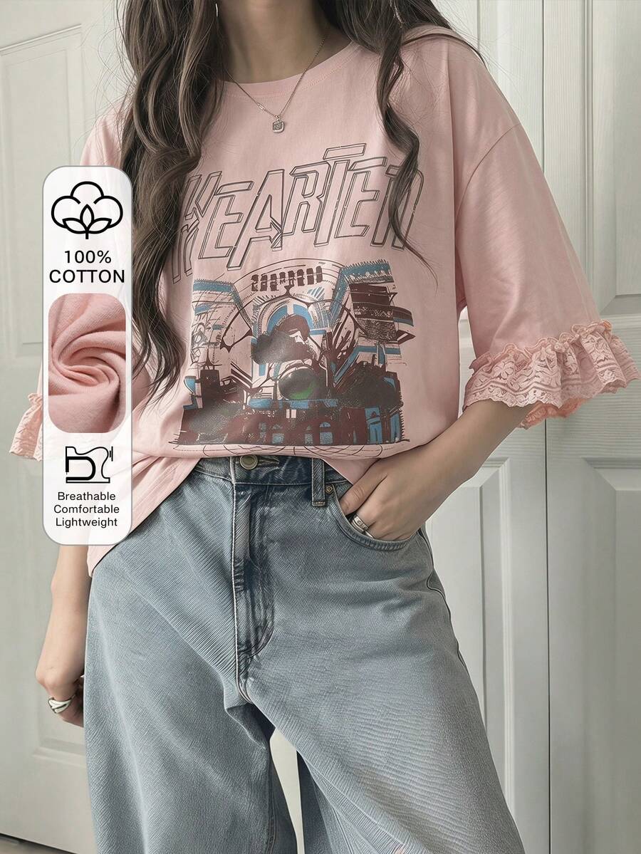 FRIFUL Kaos Wanita Kasual Longgar dengan Motif Huruf dan Patchwork Renda, Campuran Katun yang Bernapas, Serbaguna untuk Musim Semi/Panas. - Berwarna merah muda - View 1