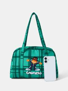GARFIELD | SHEIN A Green Plaid Cartoon-Patterned Shoulder Bag For Students, Commuters, And Travel Storage - Green - View 3