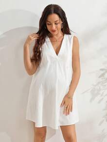 SHEIN 孕婦V領無袖白色100%純棉哺乳洋裝 - 白色 - 查看 5
