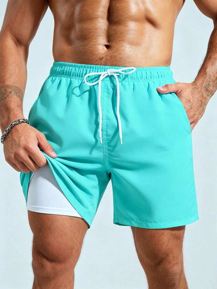 Surfspeed Celana Pria Polos dengan Pinggang Elastis dan Tali Serut, Desain Saku, Kasual untuk Sehari-hari, Cocok untuk Pantai, Liburan, Pantai, Hawaii, Tropis, Berenang, dan Mandi. - Mint Blue - View 1