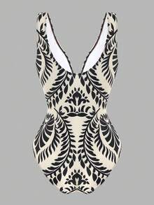 Swim Oasis Women's Elegant Black And White Botanical Print V-Neck One-Piece Swimsuit For Summer Beach Vacation With Beach Maxi Skirt - Multicolor - View 12